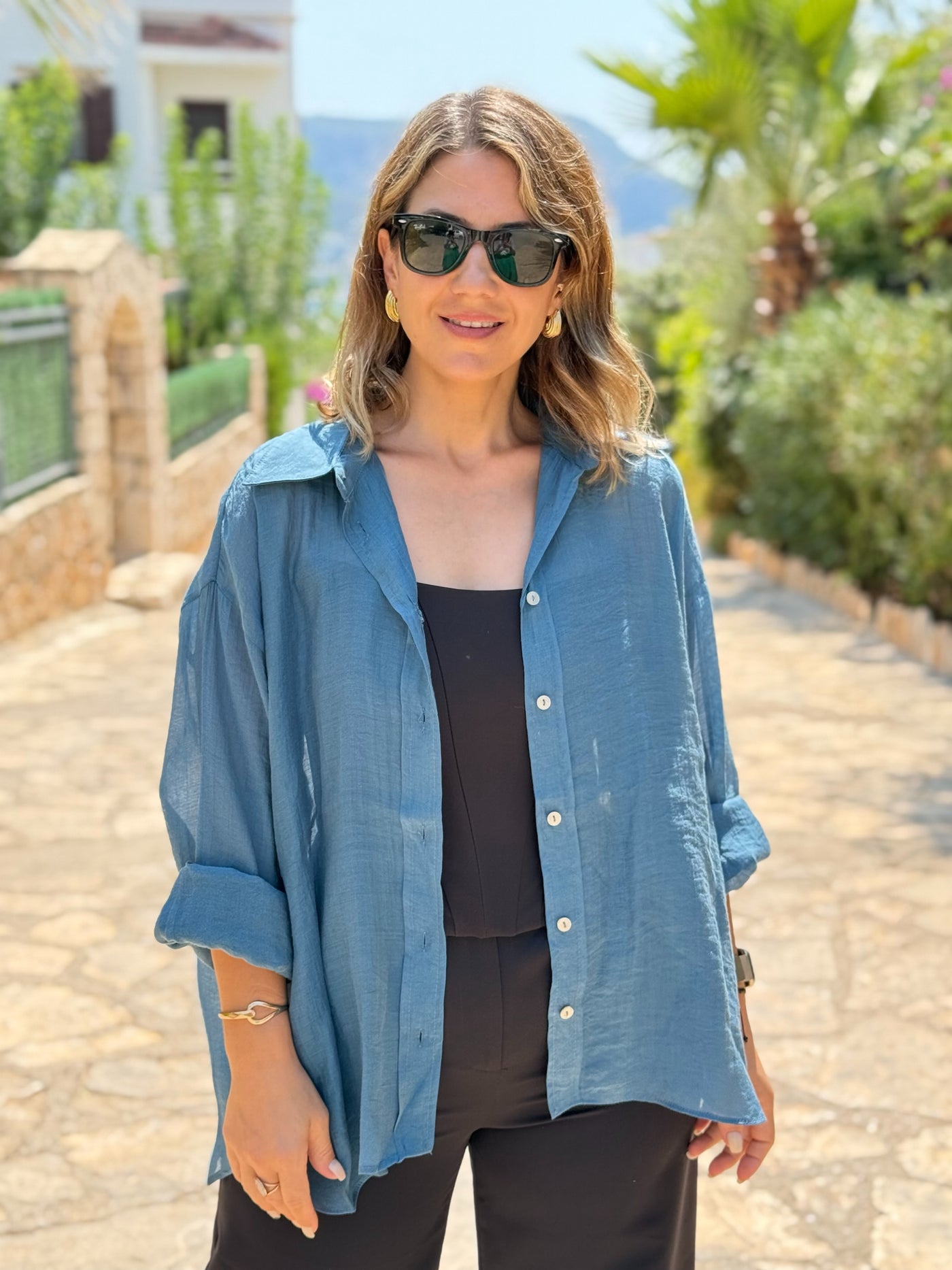 Petrol Mavi Transparan Gömlek