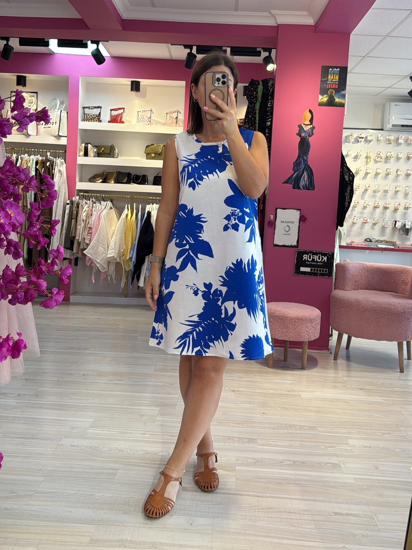 Mavi Desenli Keten Elbise