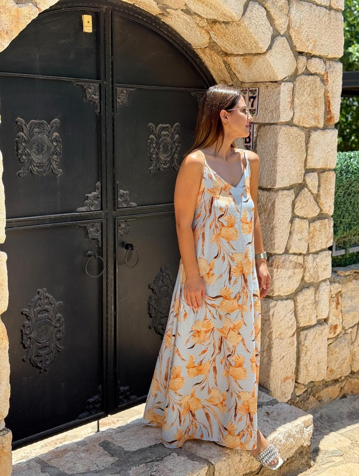 Modal Mavi Desenli Askılı Tensel Elbise