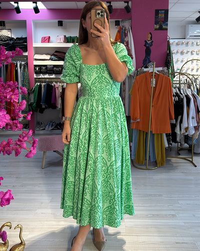 Poplin Kumaş Yeşil Desenli Elbise