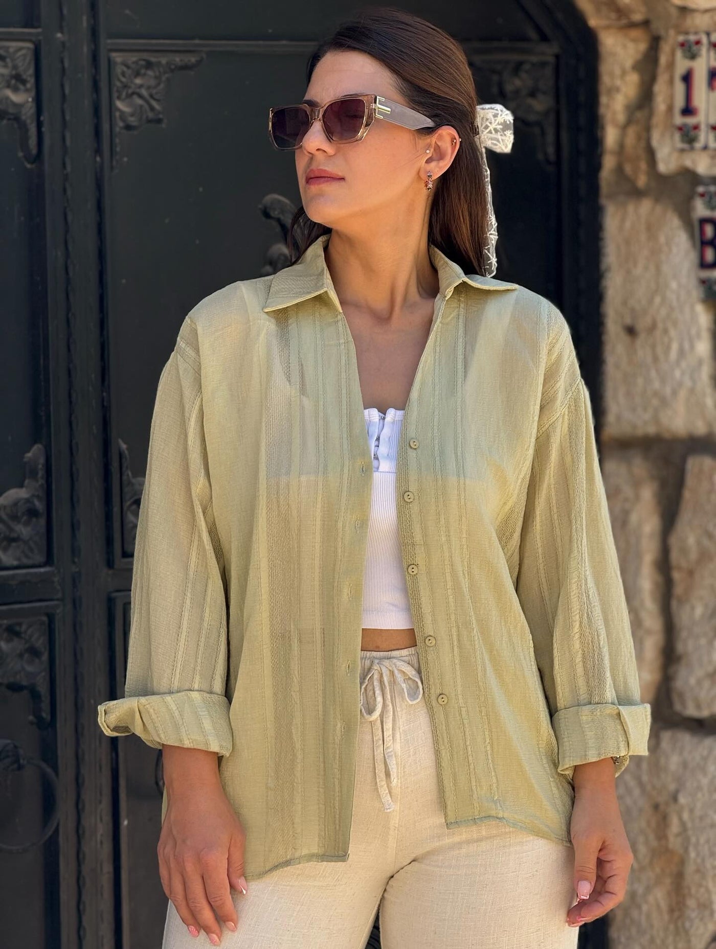 İthal Adaçayı Yeşili Transparan Gömlek