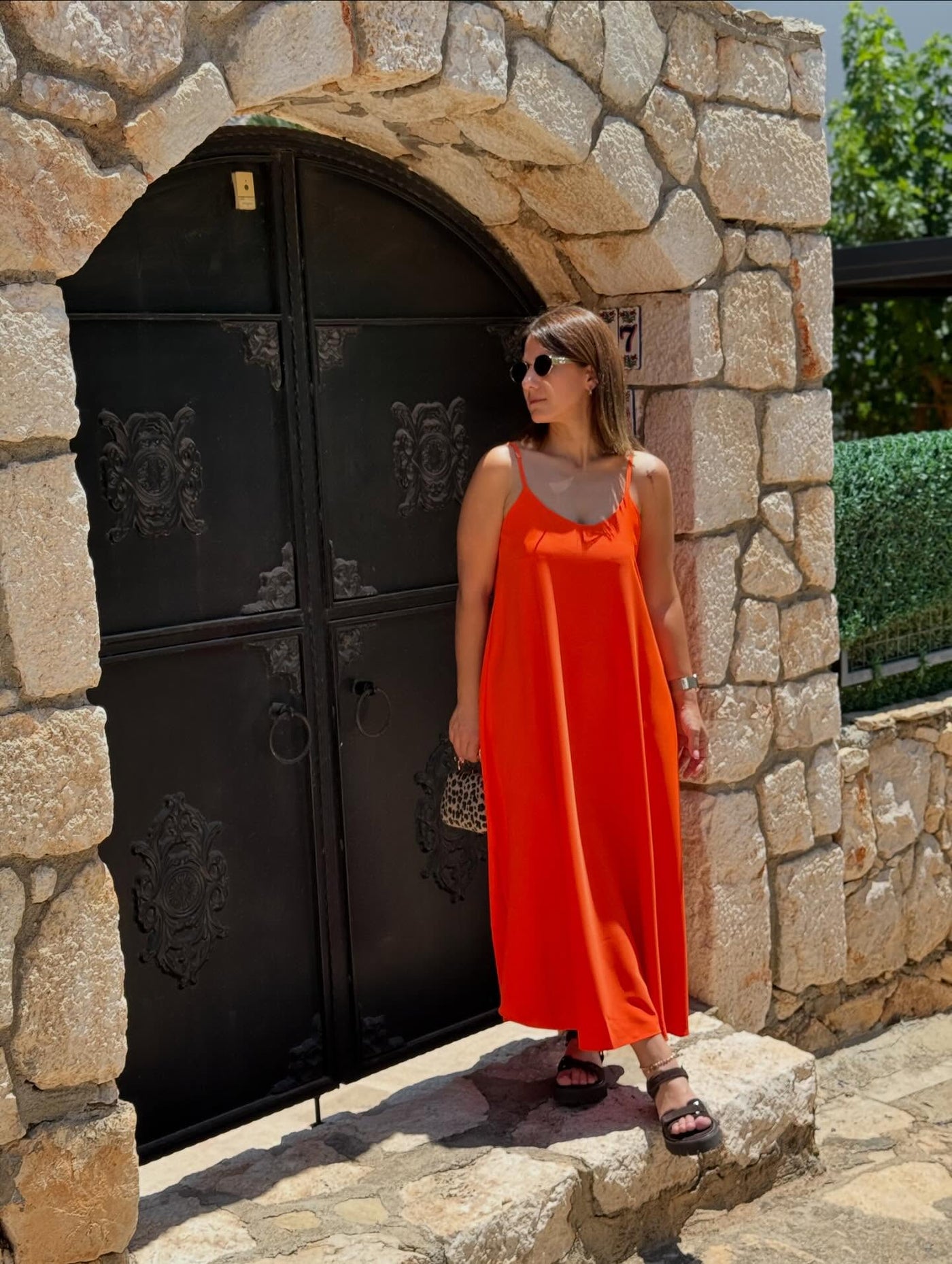 Dubai Saten Turuncu İp Askılı Elbise