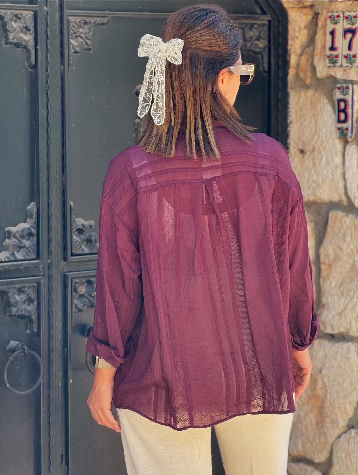 İthal Mürdüm Transparan Gömlek