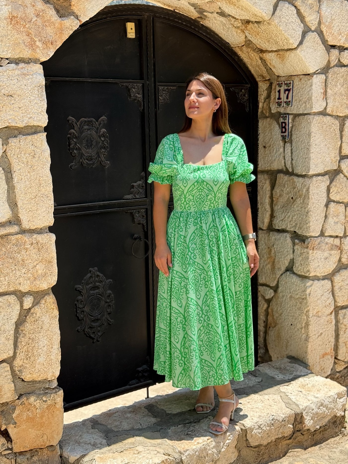 Poplin Kumaş Yeşil Desenli Elbise