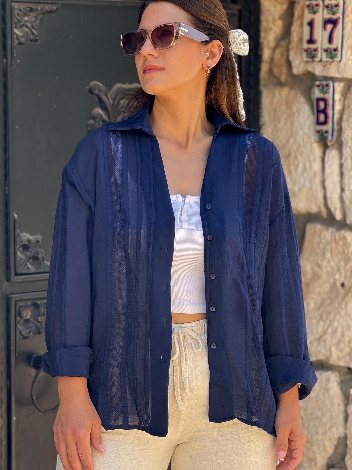 İthal Lacivert Transparan Gömlek