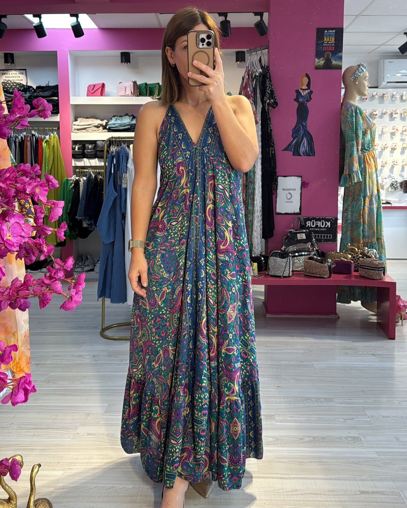 Desenli İpek Saten Elbise