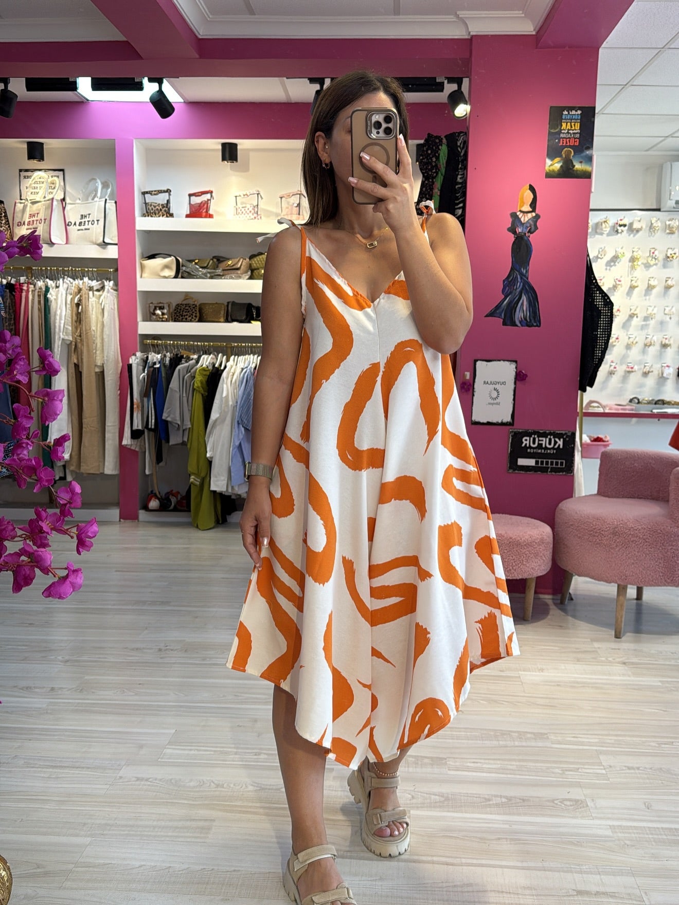 Turuncu Desenli Keten Tulum