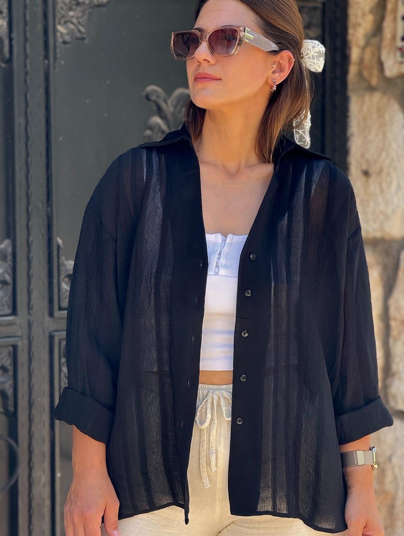 İthal Siyah Transparan Gömlek