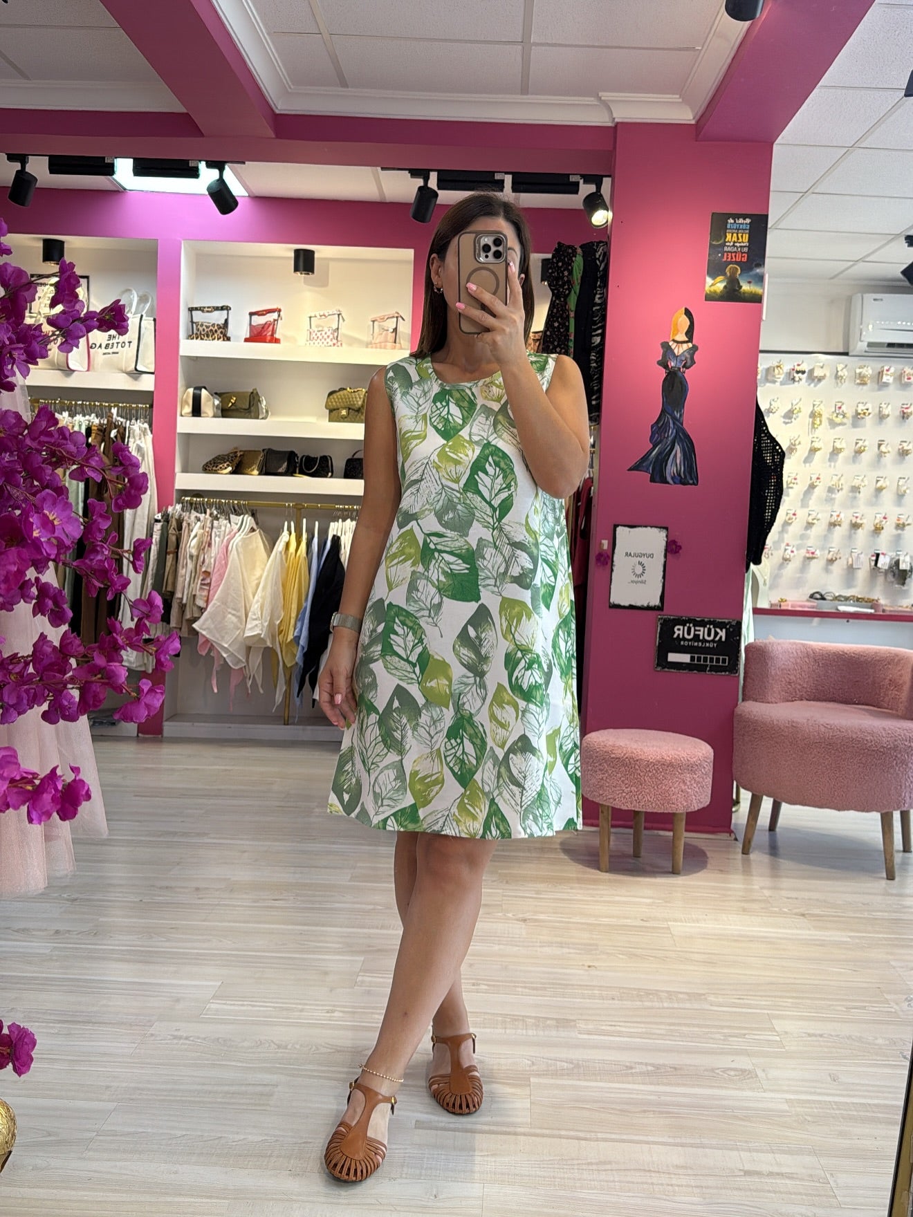 Keten Yeşil Yaprak Desenli Elbise