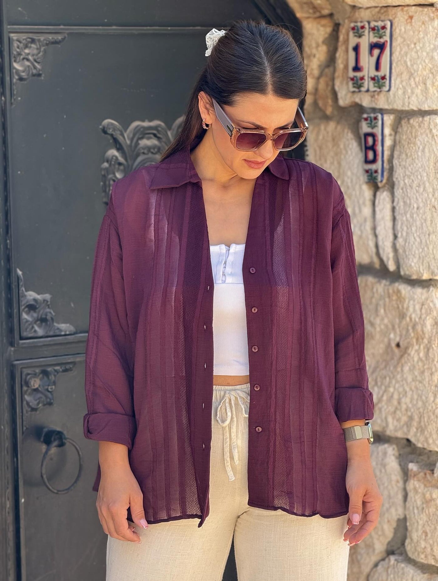 İthal Mürdüm Transparan Gömlek