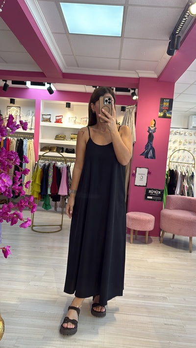 Dubai Saten İp Askılı Siyah Elbise