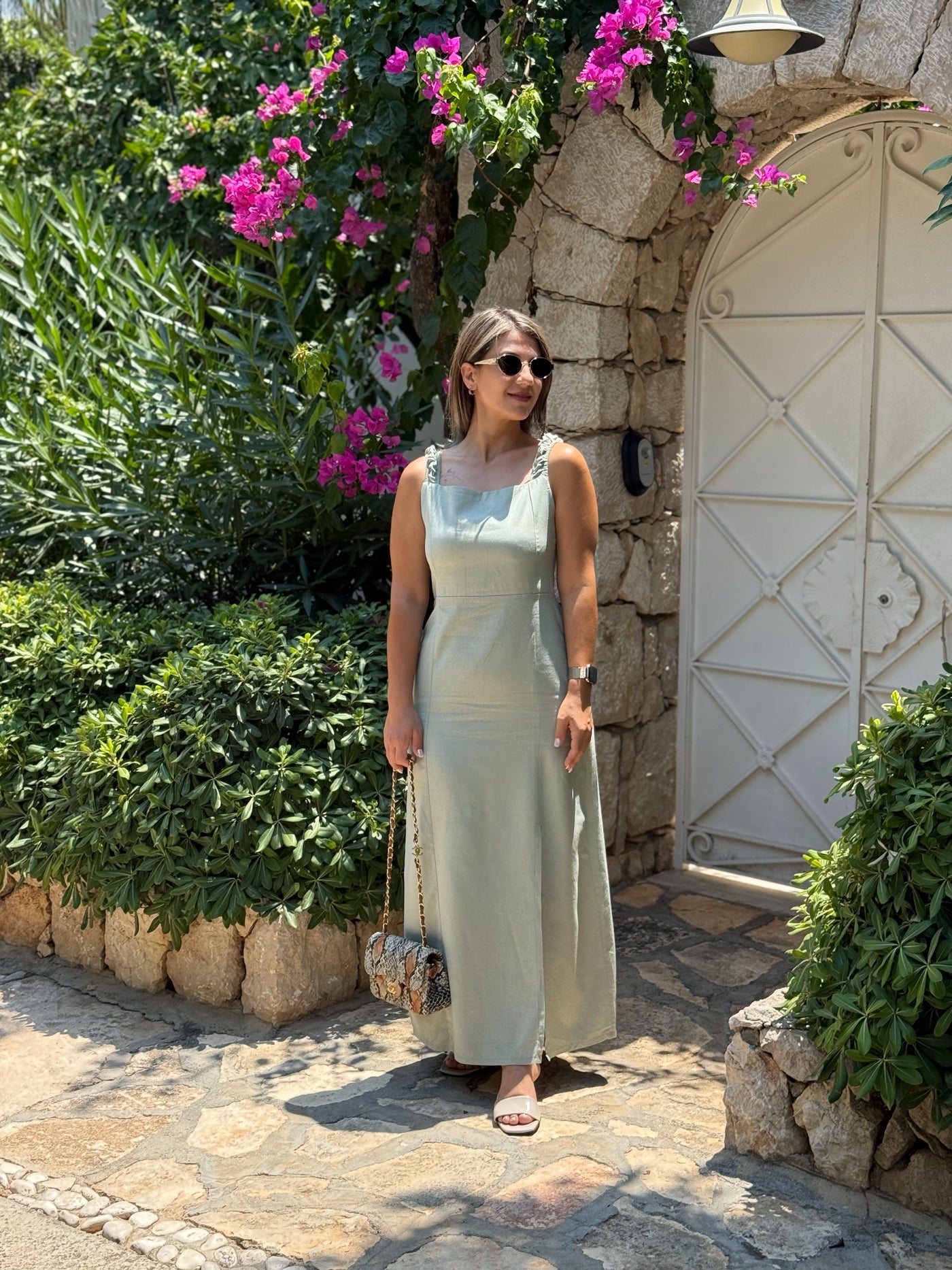 Keten Mint Yeşili Askılı Elbise