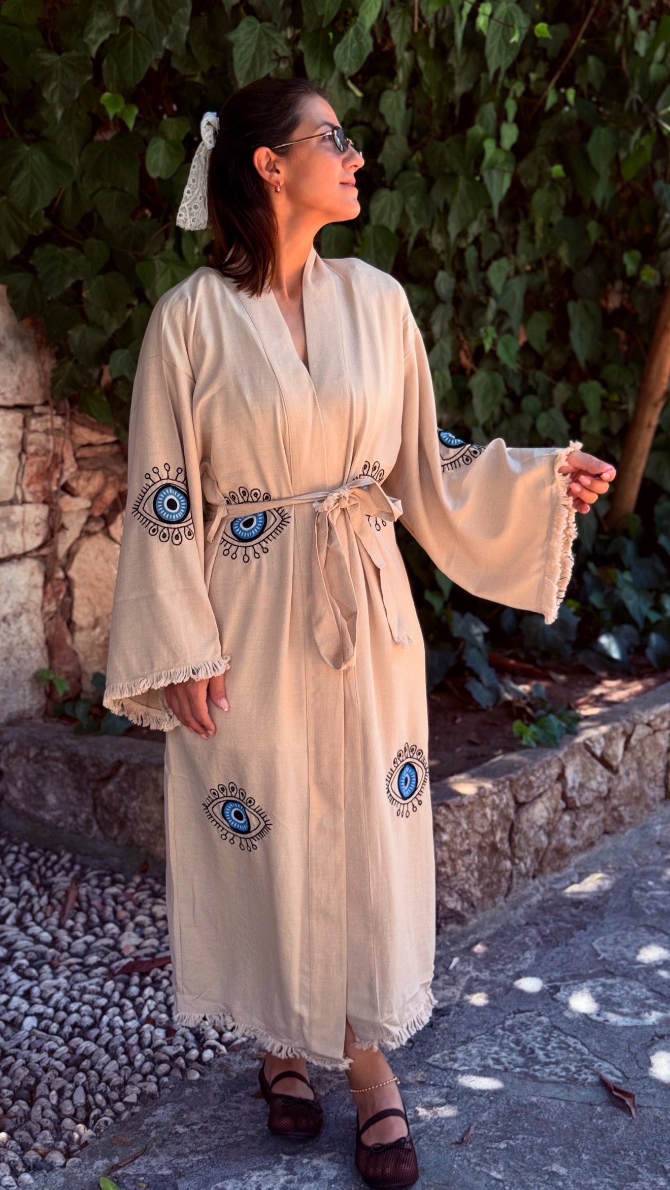 Göz Detaylı Keten Kimono