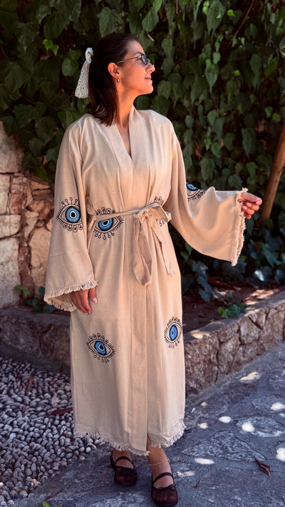 Göz Detaylı Keten Kimono