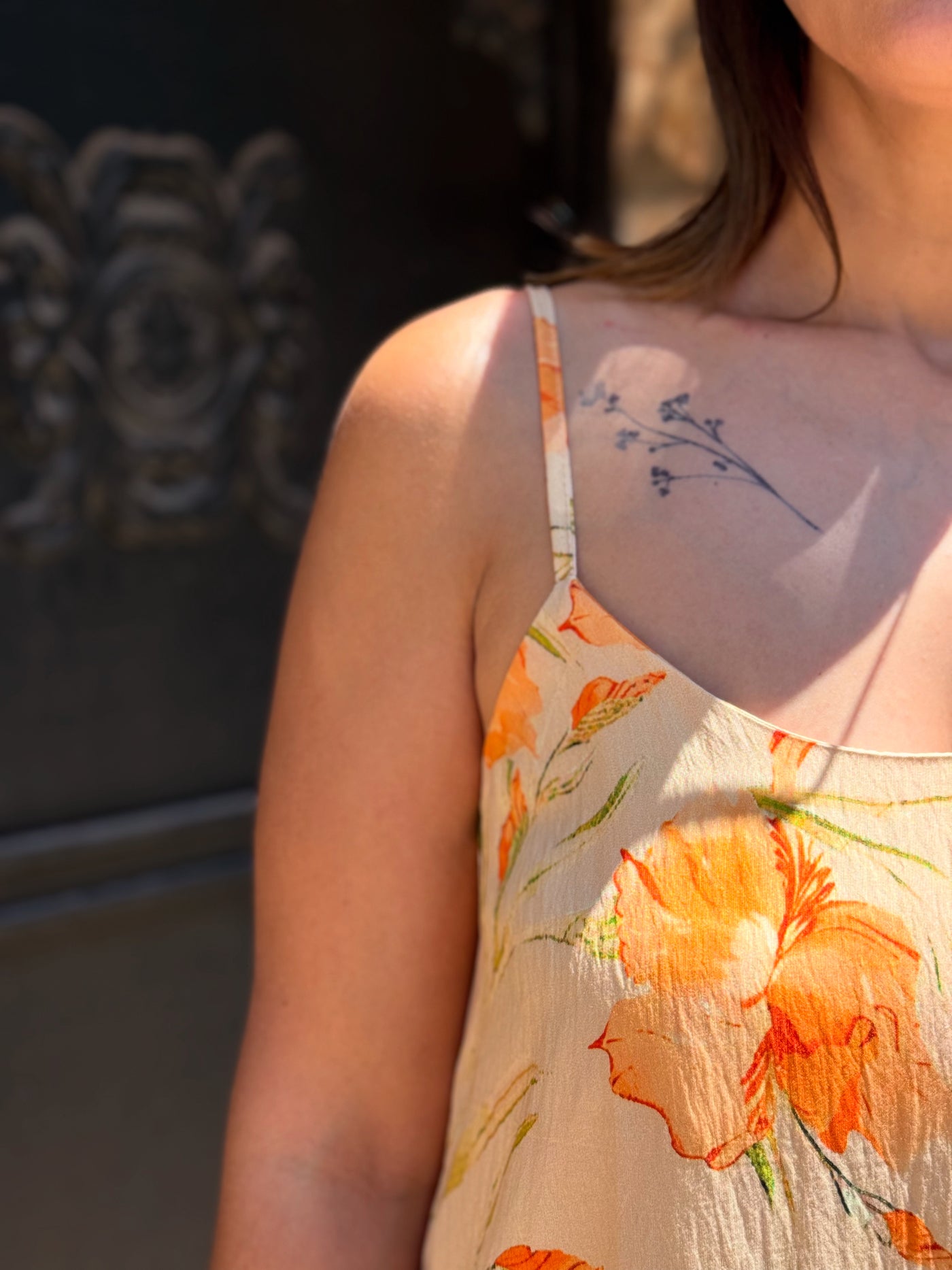 Turuncu Çiçekli Sarı Elbise