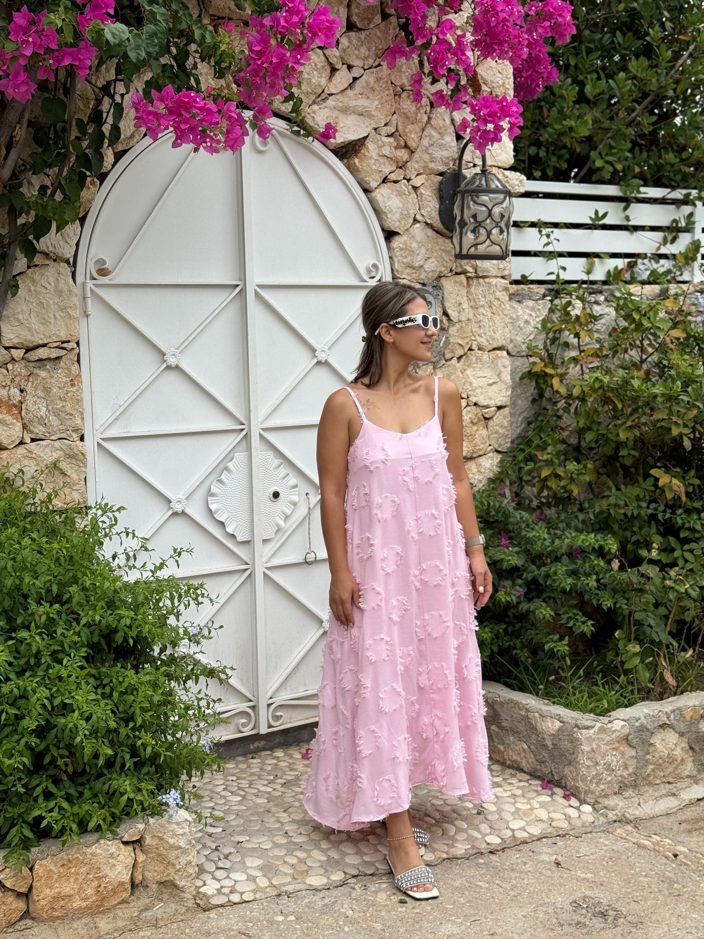 Keten Püskül Detaylı Pembe Elbise