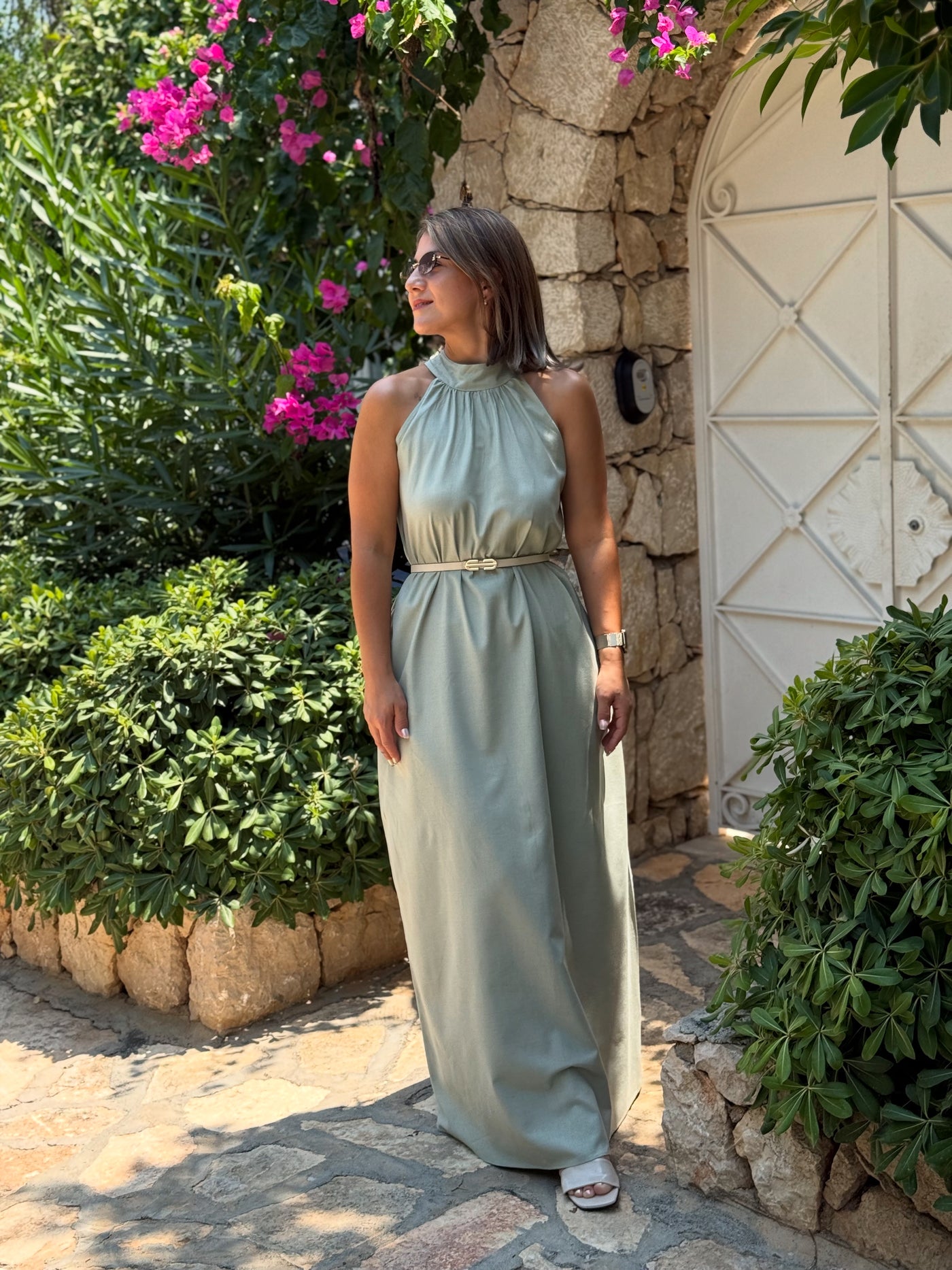 Keten Mint Yeşili Elbise