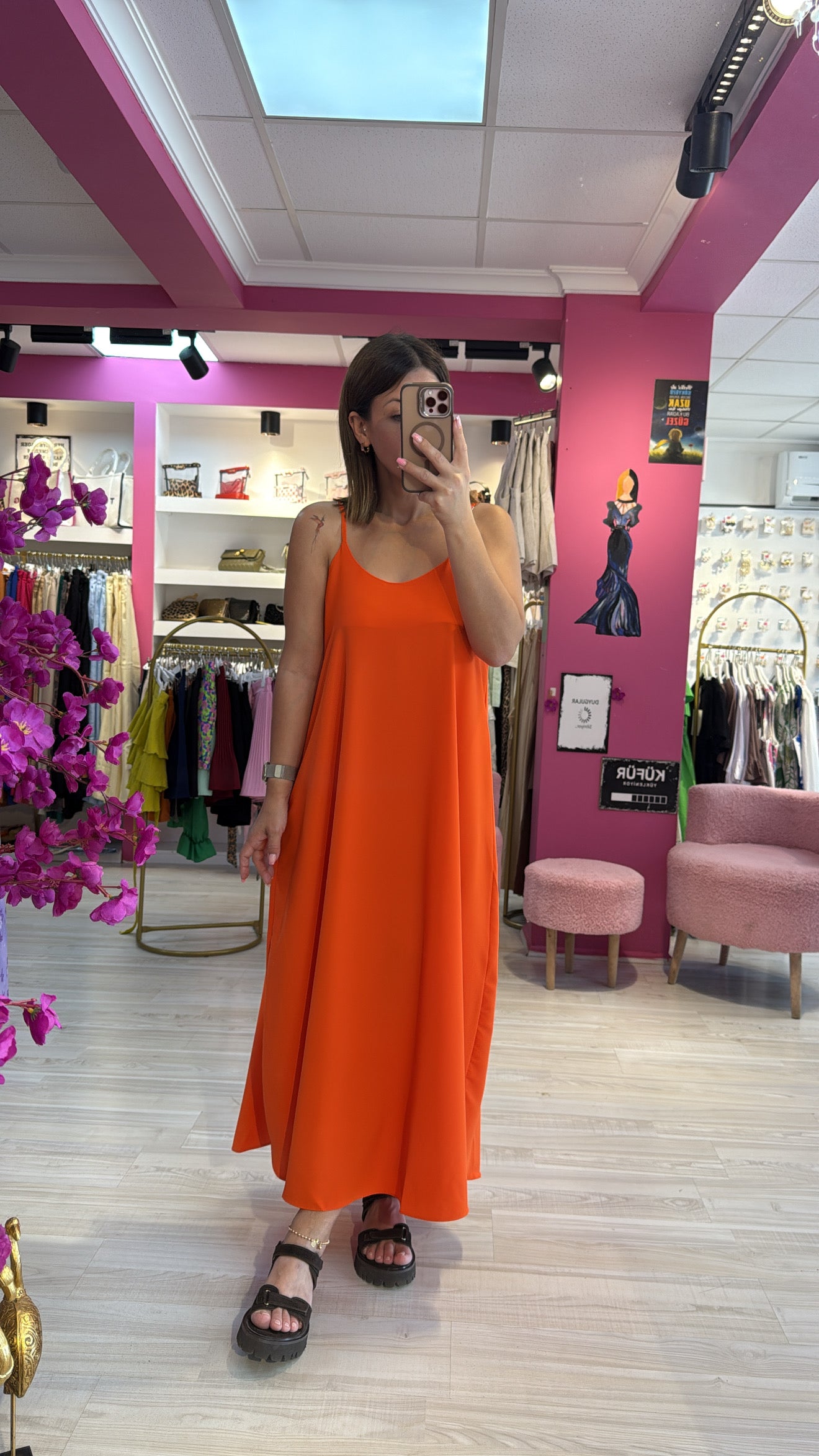 Dubai Saten Turuncu İp Askılı Elbise