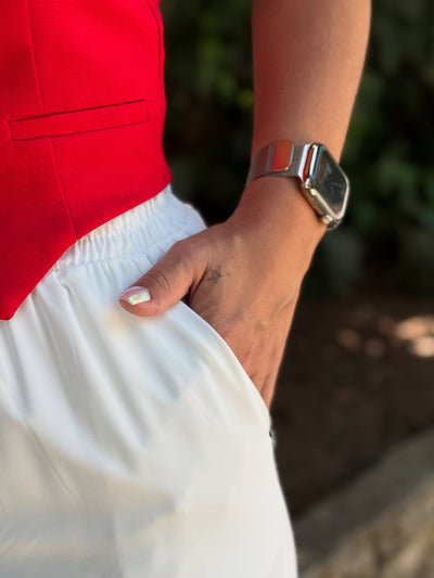 Beyaz Lastikli Bol Paça Pantolon