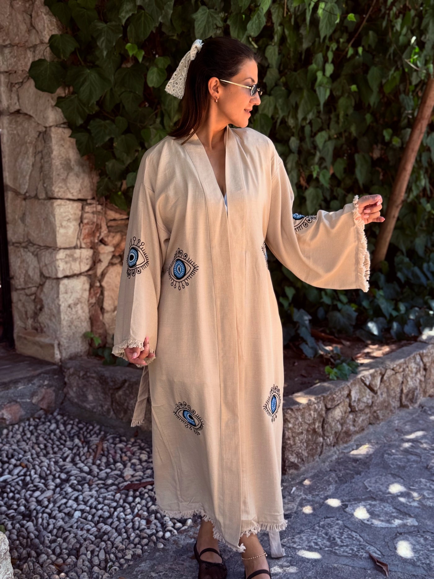 Göz Detaylı Keten Kimono