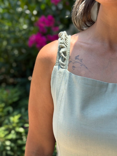 Keten Mint Yeşili Askılı Elbise