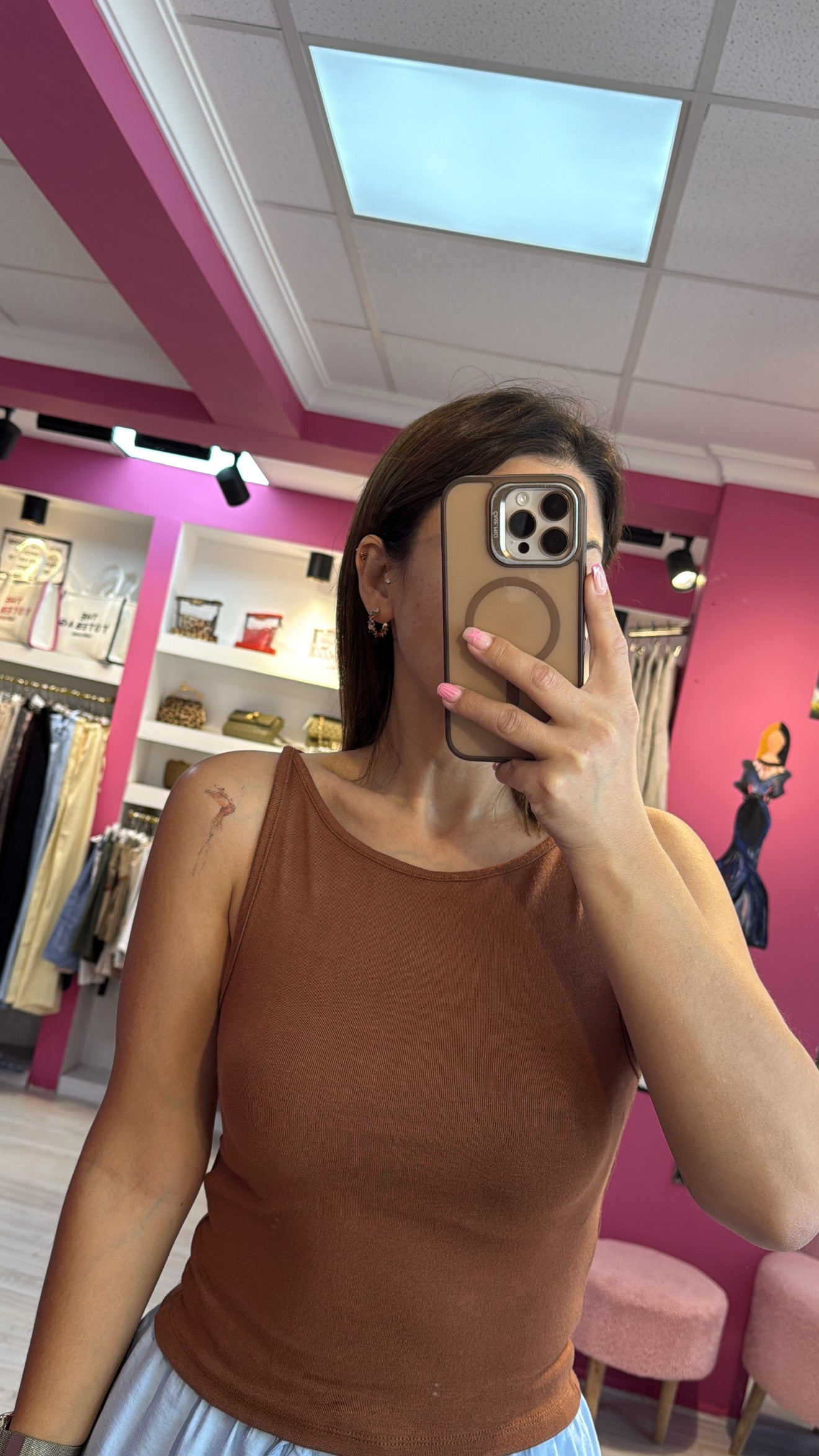 Kahve Kayık Yaka Kolsuz Body