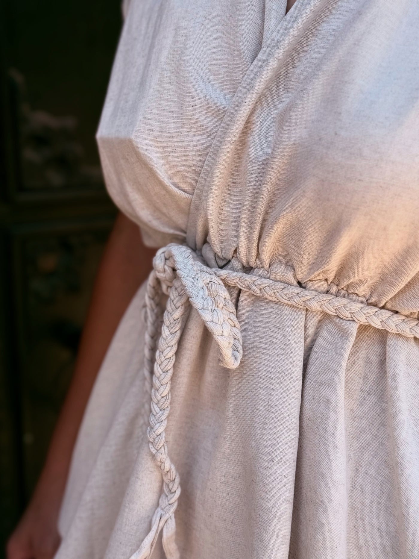 Keten Elbise Örgü Kemerli Elbise