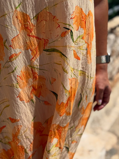 Turuncu Çiçekli Sarı Elbise