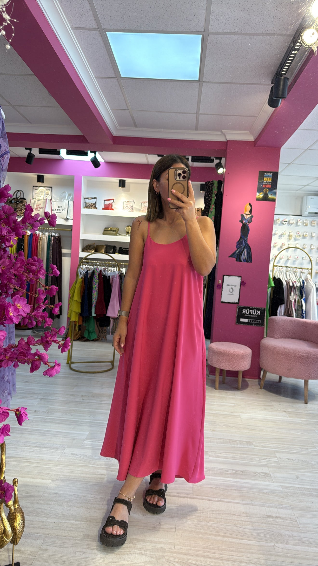 Dubai Saten İp Askılı Pembe Elbise