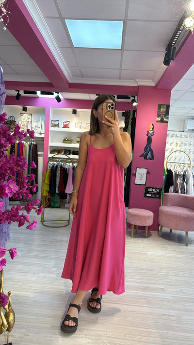 Dubai Saten İp Askılı Pembe Elbise