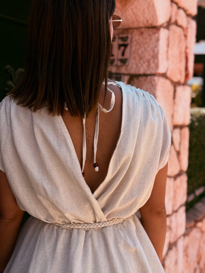 Keten Elbise Örgü Kemerli Elbise