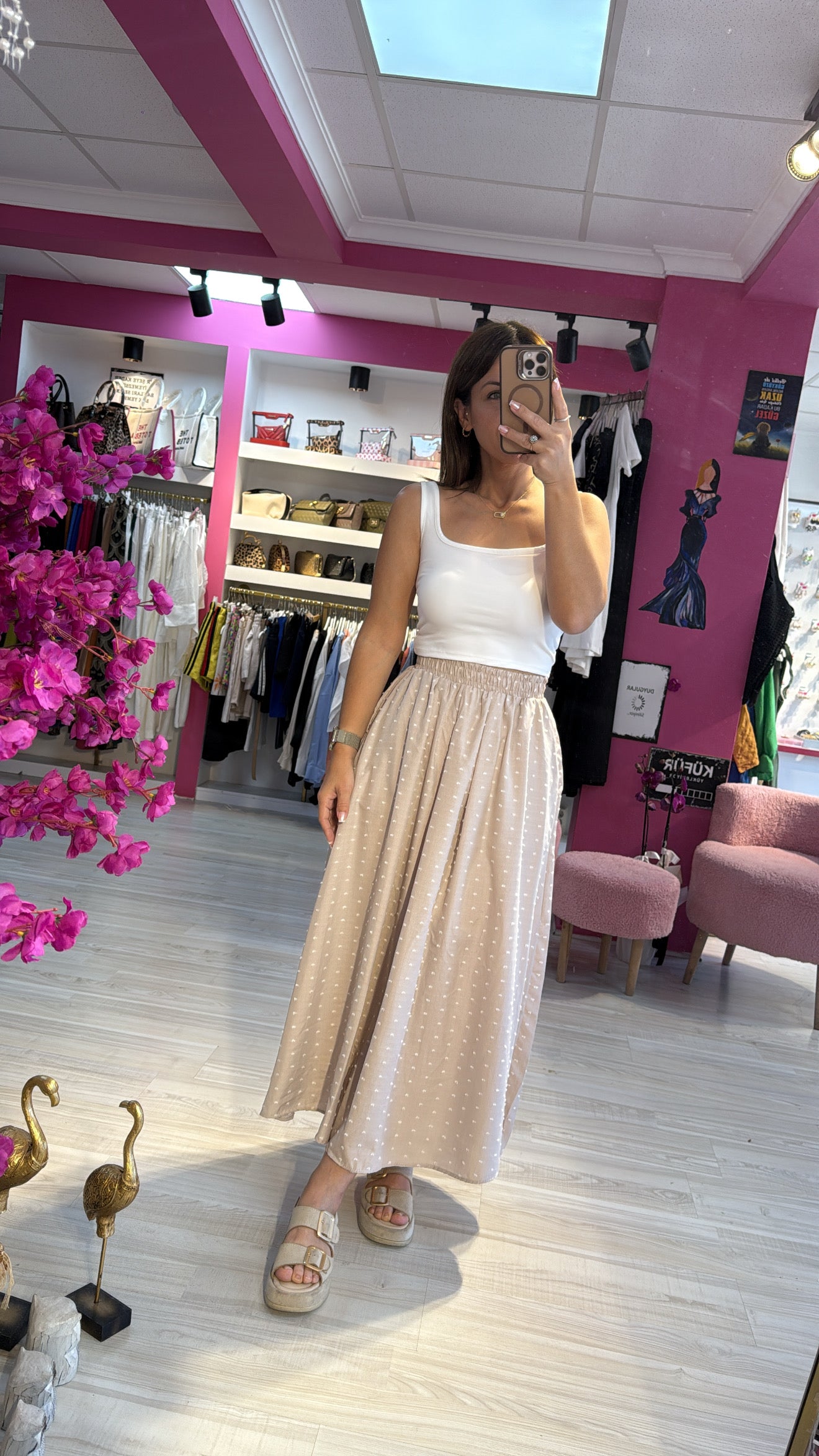 Krem Küçük Puantiyeli Etek