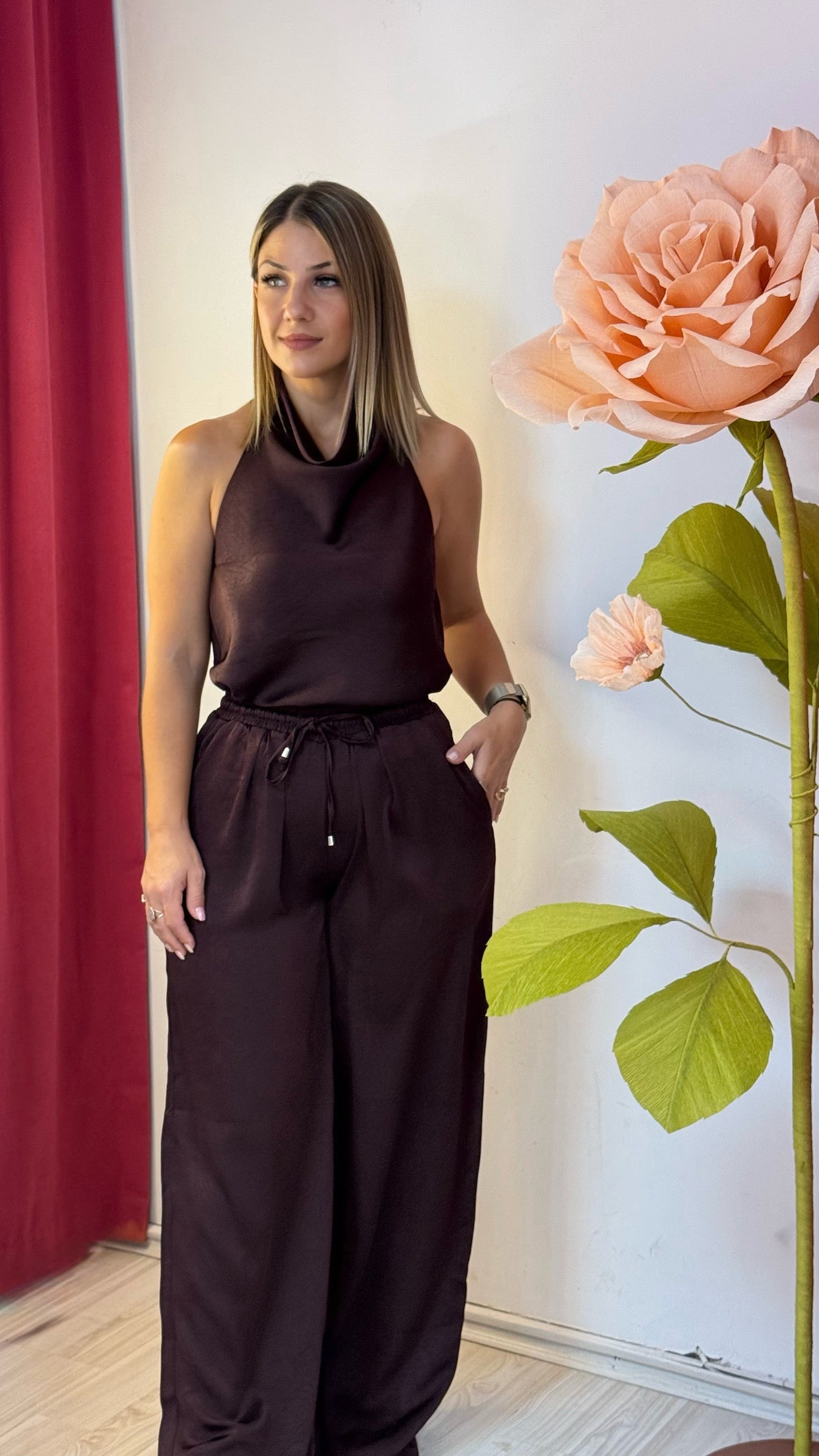 Saten Mürdüm Pantolonlu İkili Takım