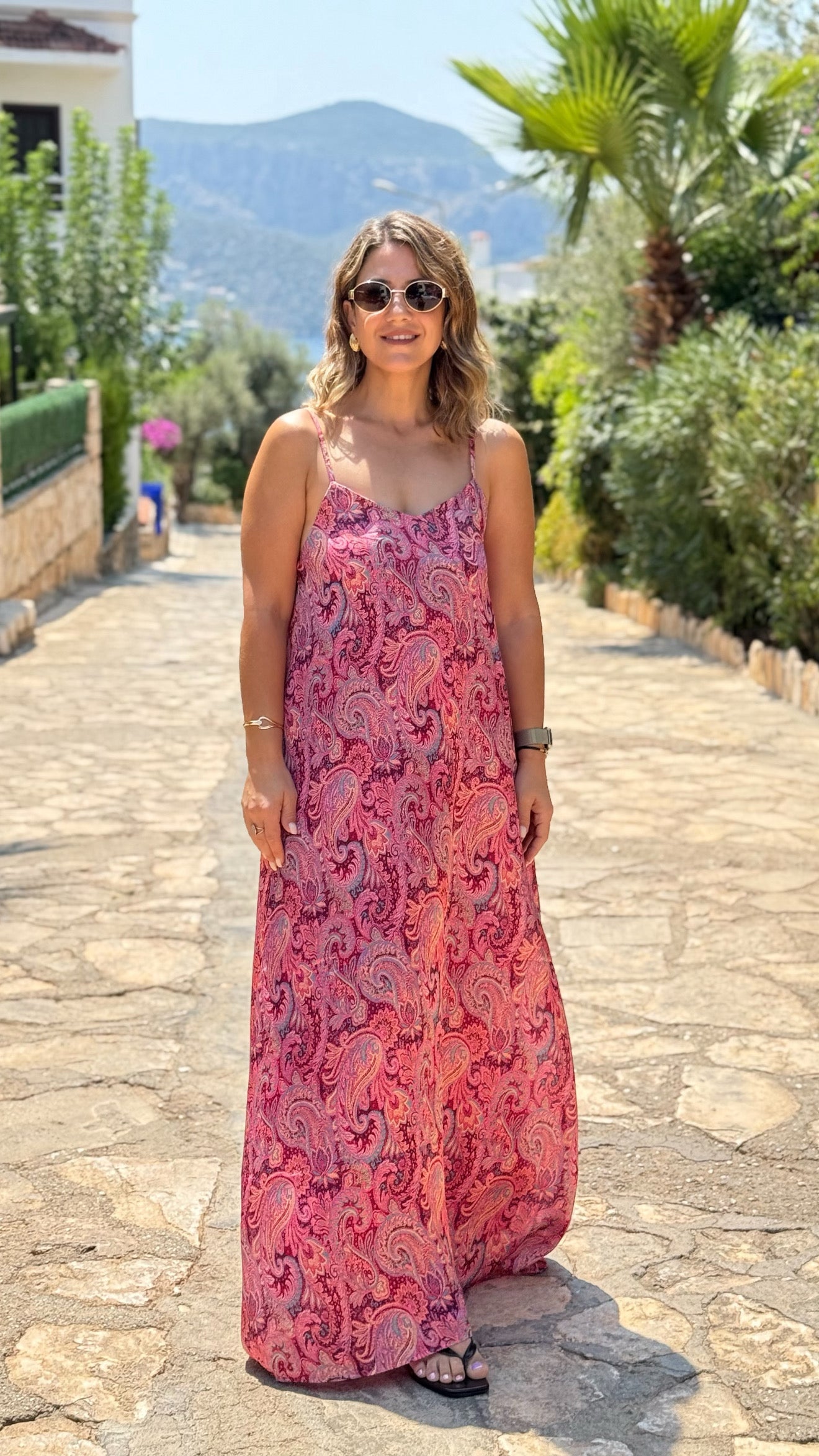 Etnik Desenli Saten Elbise