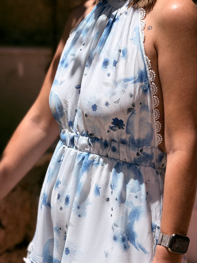 Mavi Desenli Kısa Elbise