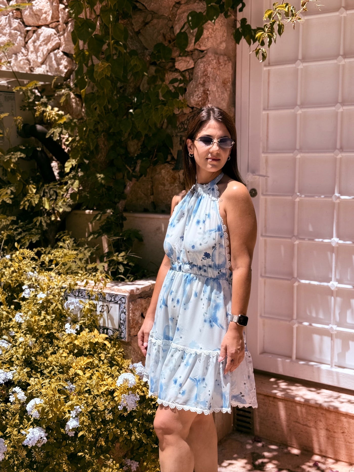 Mavi Desenli Kısa Elbise