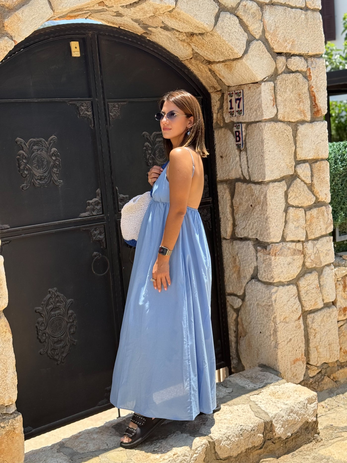 Mavi İp Askılı Elbise