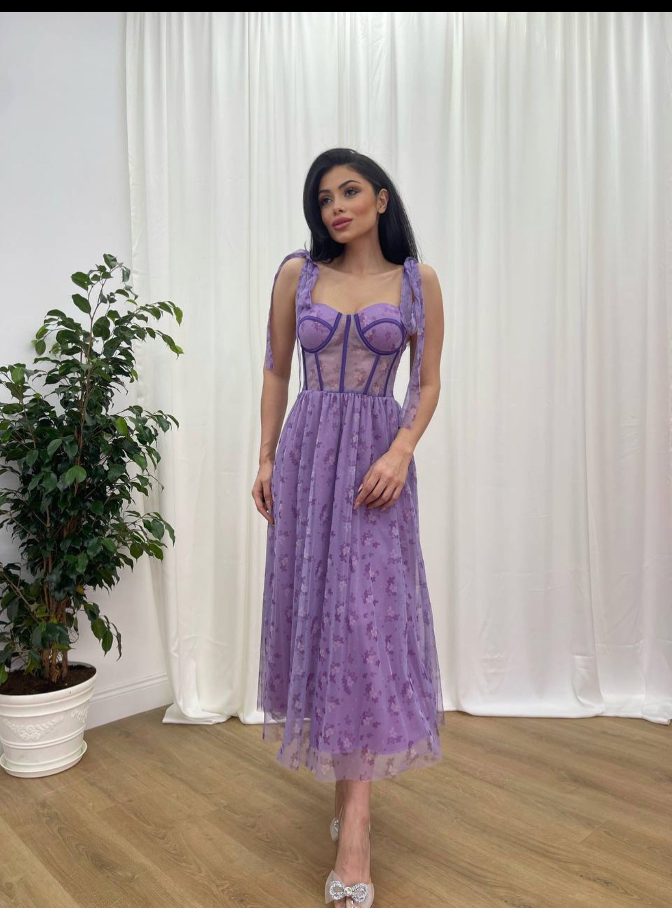 Mor Çiçek Desenli Elbise