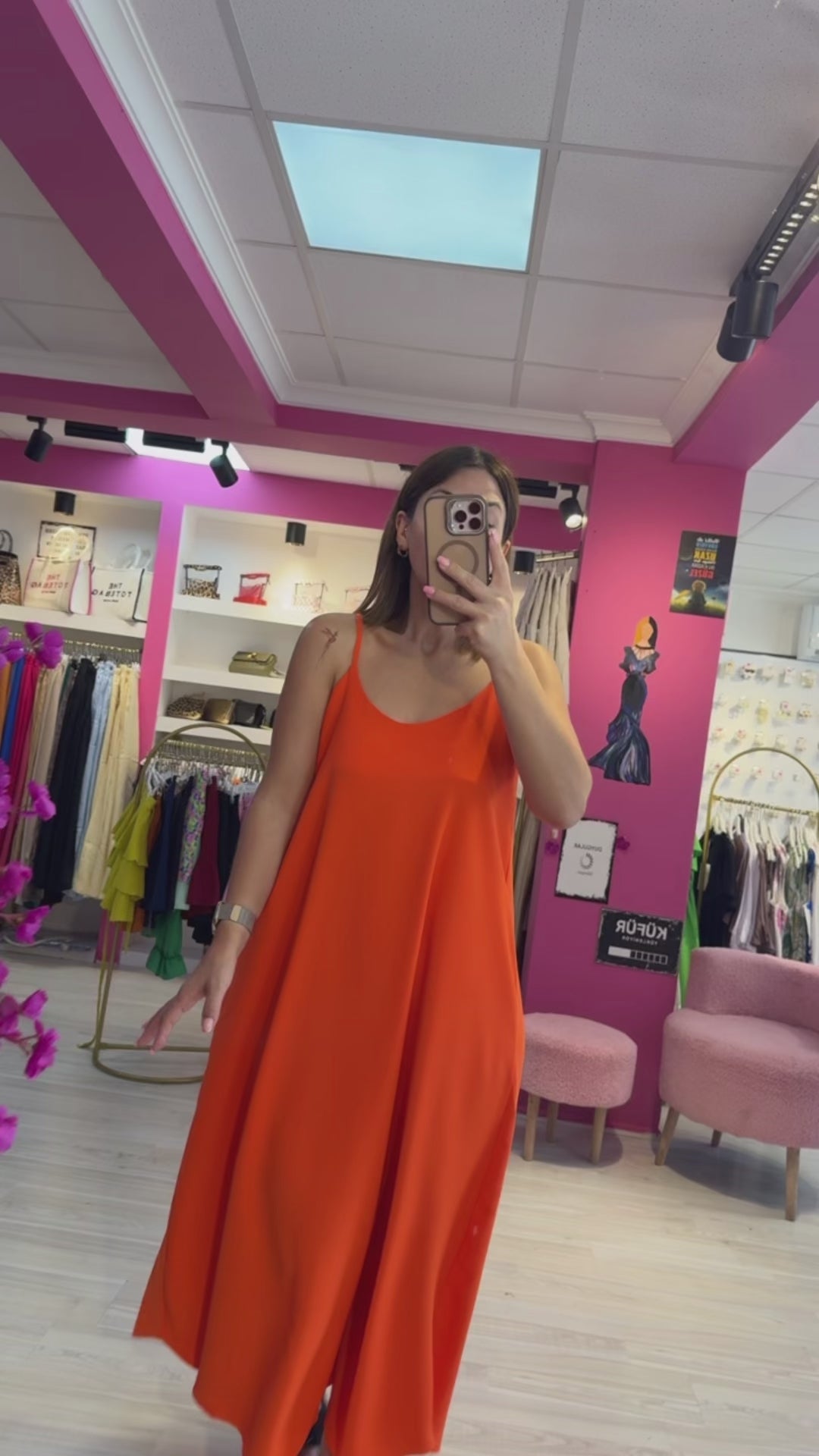 Dubai Saten Turuncu İp Askılı Elbise