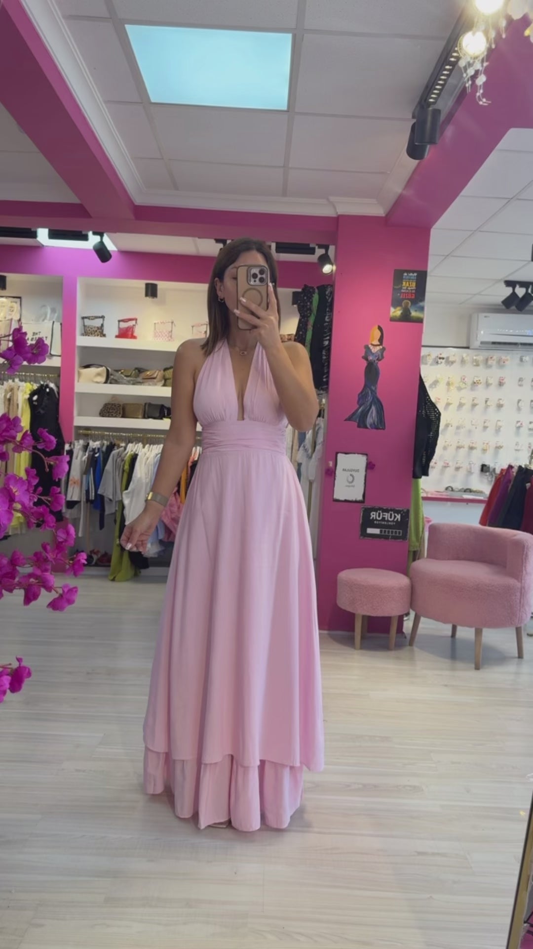 Pudra Pembe Boyundan Bağlamalı Elbise